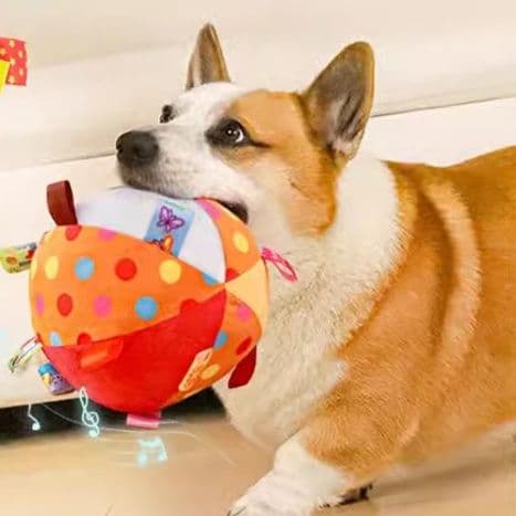 犬のおもちゃ 音が鳴るリボン付き知育ボール